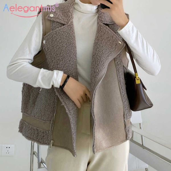 

aelegantmis faux suede lamb wool vest women patchwork loose motorcycle waistcoat coats vintage casual korean sleeveless jacket 210607, Black;white