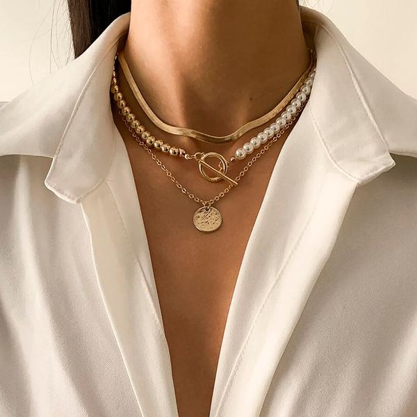 

chokers shixin layered pearl beads chain choker necklace for women snake chains on neck with coin pendant necklaces 2021 fashion jewelry, Golden;silver