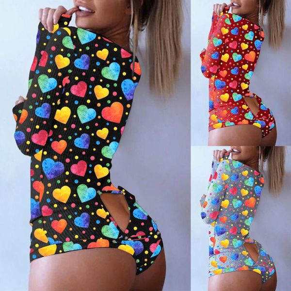 

women's jumpsuits & rompers women button-down colorfully heart print functional button flap playsuit romper onesies sleepwear open body, Black;white