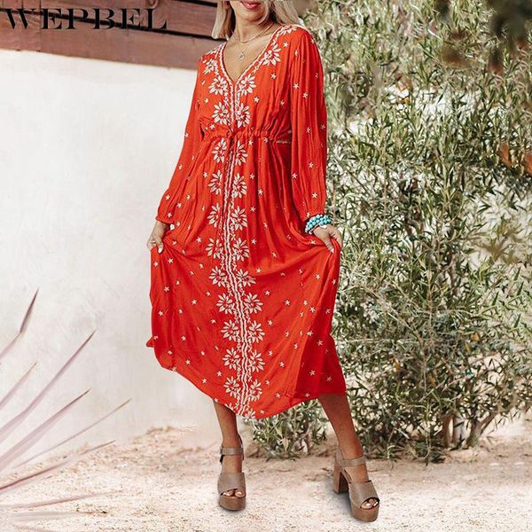 

casual dresses wepbel women's dress fashion v neck full sleeves mid-calf solid color floral printing women, Black;gray