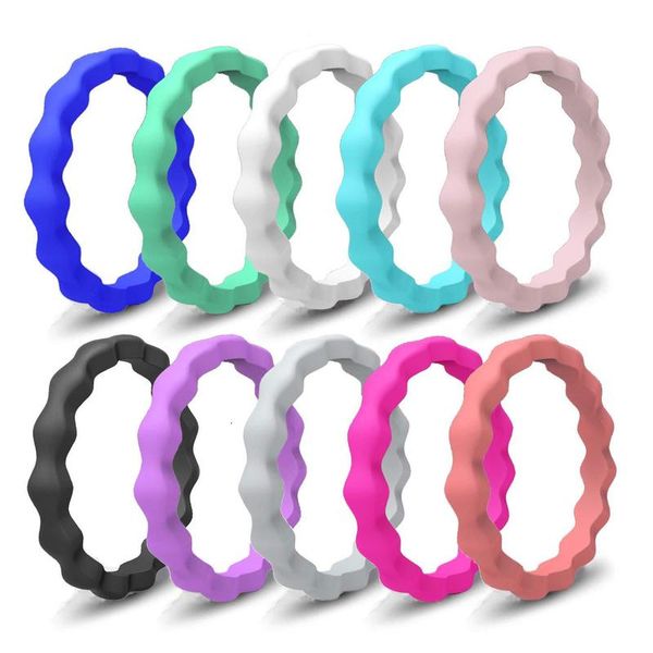 

wave pattern 3mm wide women's wedding ring beads silicone ring, Silver