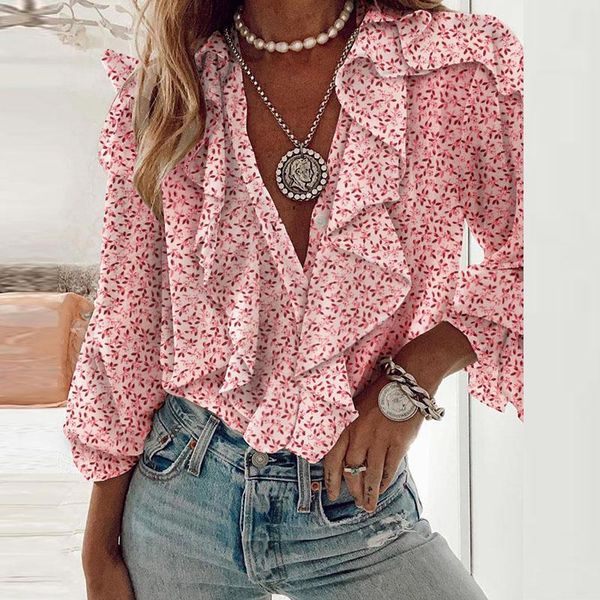 

women's t-shirt elegant ruffle blouse 2021 spring deep v neck ladies floral print long sleeve casual loose office lady shirt, White
