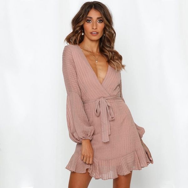 

solid striped women winter ruffle short see through tulle sleeve elegant ladies autumn dress belt 210415, Black;gray