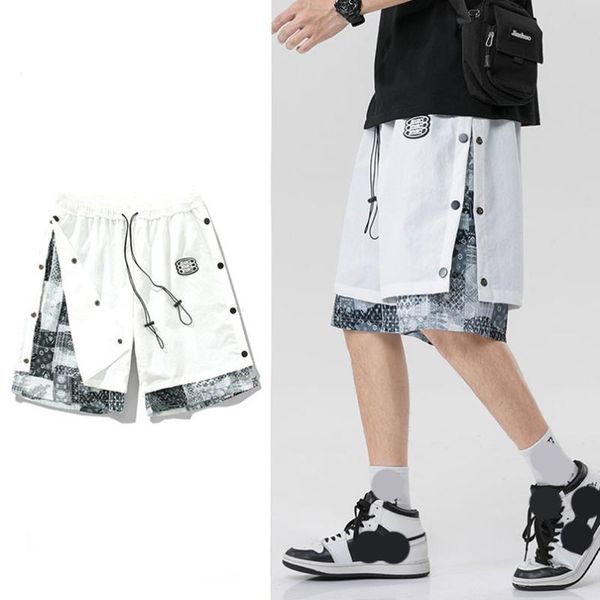 

men's shorts 2 layer hip hop men summer knee length bandana printed short pant patchwork male clothing 2021, White;black