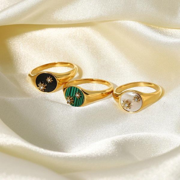 

cluster rings stainless steel shell malachite zircon star power for women luxury statement bague femme jewelry gift, Golden;silver