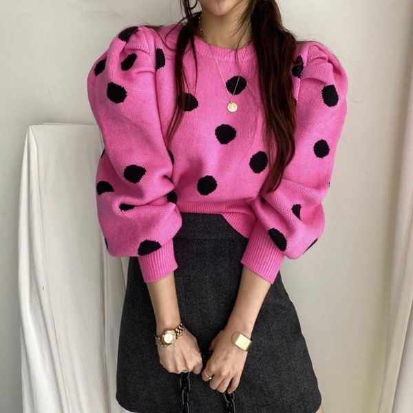 

women's sweaters y2k 2021 women autumn winter knitted vintage fashionable pullovers elegant puff sleeve dot short, White;black