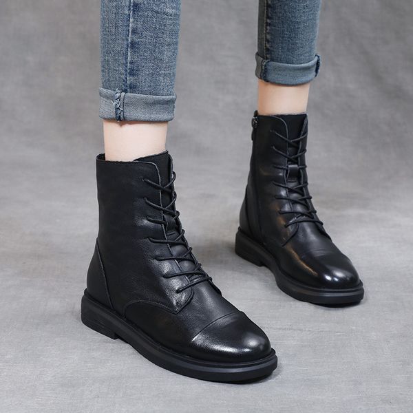 

calf leather women's boots flat heel lace up children's british style martin, Black