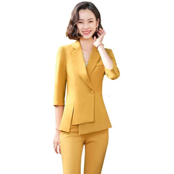 

women's two piece pants fashion half sleeve ruffle hem ladies pant suit women office formal 2 set yellow pink green white black blazer
