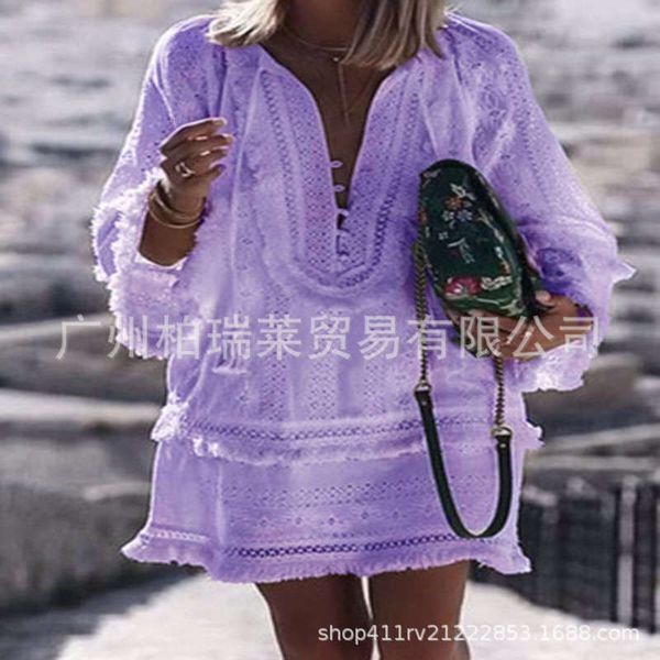 

out dresses cut casual loose long sleeve tassel lace dress, Black;gray