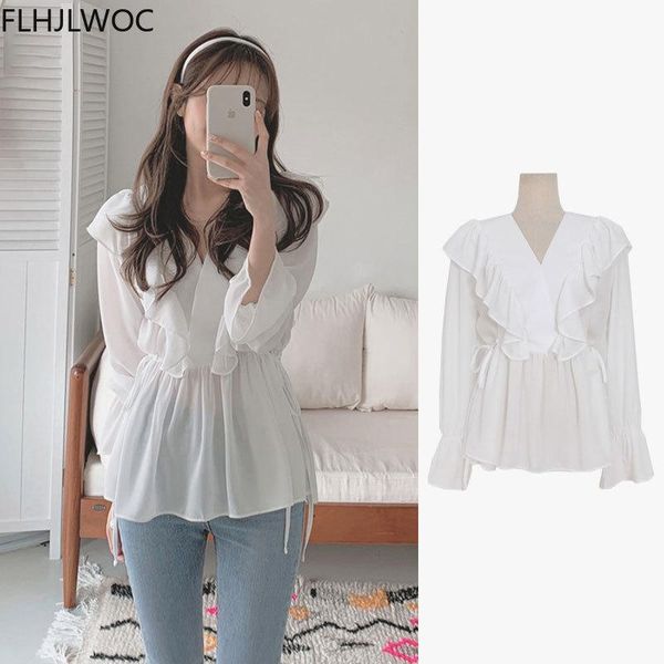 

women's blouses & shirts 2021 korea chic blusas flare sleeve very fairy cute sweet girls lady flhjlwoc pink ruffled women, White