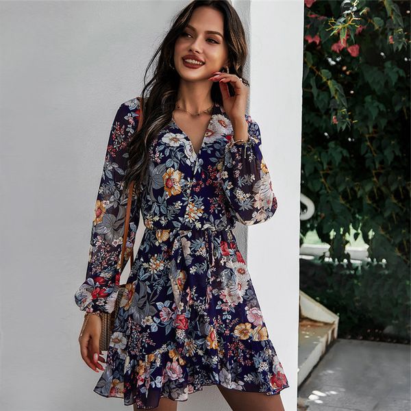 

spring new print casual full sleeve lace up high waist floral for women 2021 summer chiffon dress, Black;gray