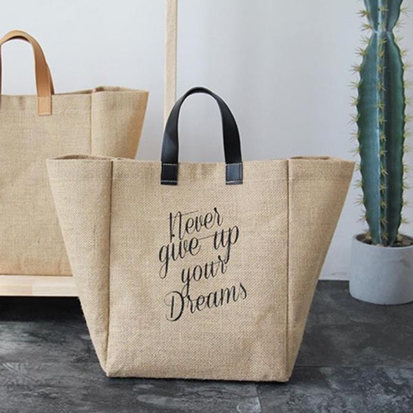 

storage bags nordic style tote bag large capacity jute snap hidden pocket student book women durable shopping camping beach