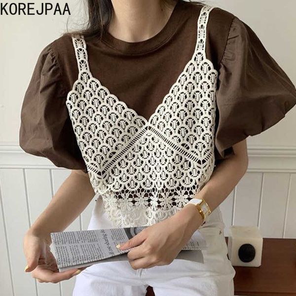 Korejpaa Camisa Mulheres Verão Coreano Gentil Redondo Pescoço Laço Oco Crochet Costura Falsa de Two-Peça Lanterna Manga Blusas 210526