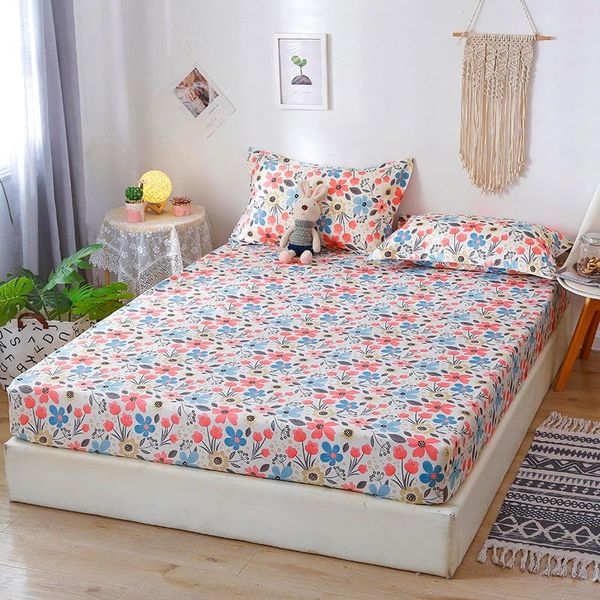 

sheets & sets 3 pcs bed fitted sheet single size flower pattern mattress protector with case cover for draps de lit linen