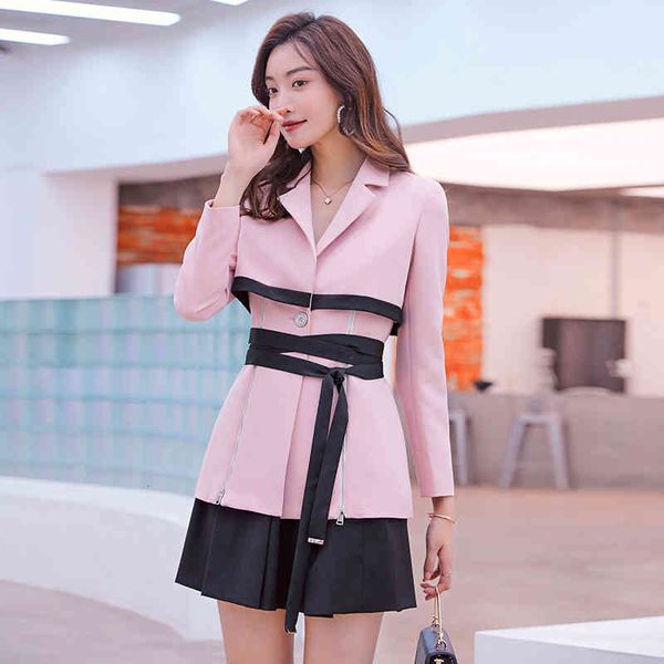 

women's suits & blazers [ewq] high waist all-match black skirt 2 piece set autumn long sleeve lace quality office blazer pink coats qx0, White;black