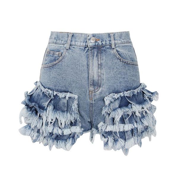 

women's jeans summer women shorts light blue tassel waist street style