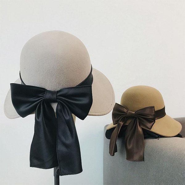 

stingy brim hats elegant fedora for women autumn winter 100% wool hat flat wide big silk cloth bow solid female cap 2021, Blue;gray