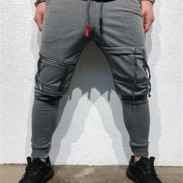 

men's fitness slim fit sports pocket sling splicing casual pants men's c113, Black