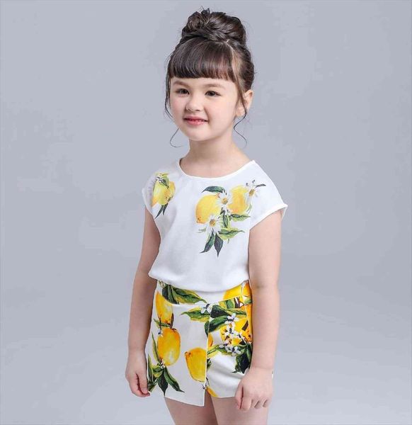 

summer fashion girls clothing sets brand lemon printed baby girl suit kids tree cotton t shirts blouse shorts, White
