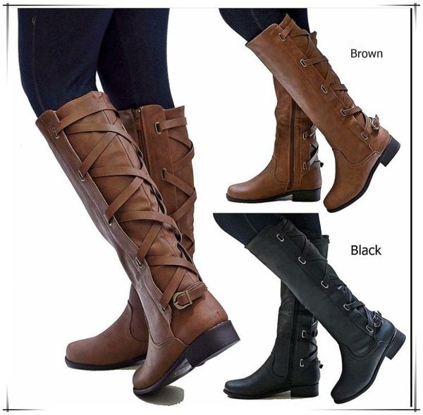

boots women knee-high fashion motorcycle buckle strap cross tie woman shoes ladies spring waterproof rainboots, Black