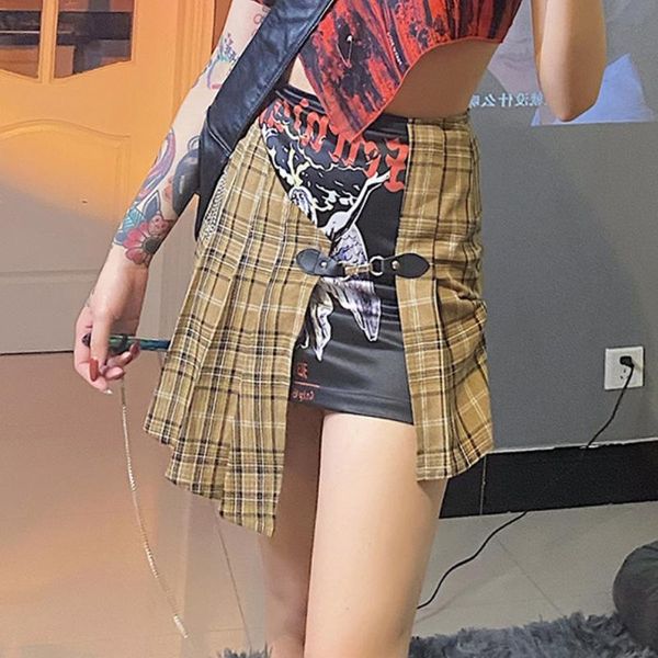

skirts plaid gothic aesthetic women mini harajuku egirl grunge punk high waist skirt fashion patchwork streetwear clothes, Black