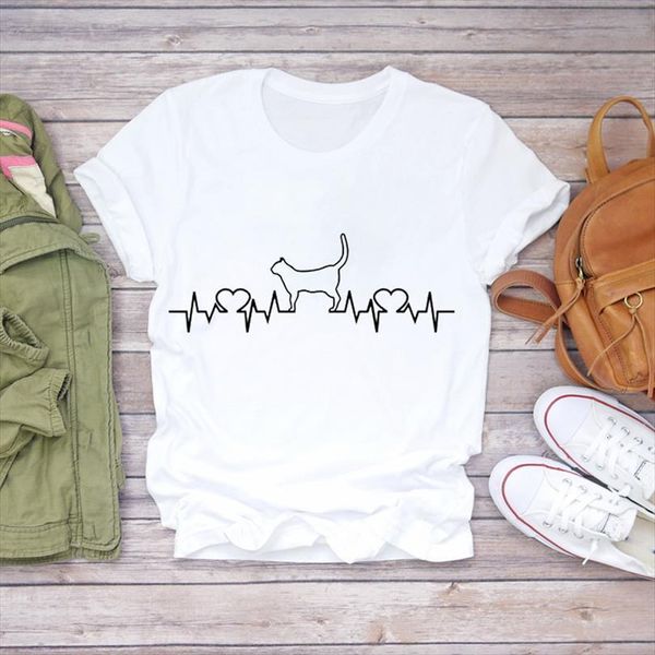 

men cat cartoon heartbeat mens short sleeve pet animal ladies print lady graphic female tee shirt, White;black