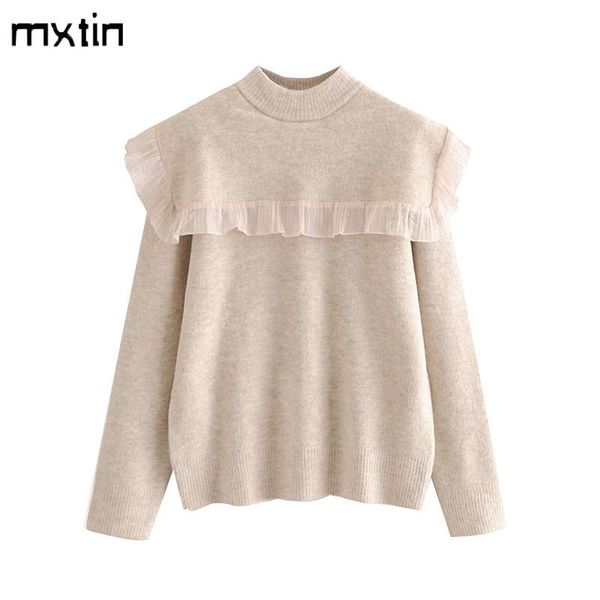 

women's sweaters mxtin fashion sweet soft ruffle knitted sweater women 2021 vintage o neck long sleeve female pullovers chic casual, White;black