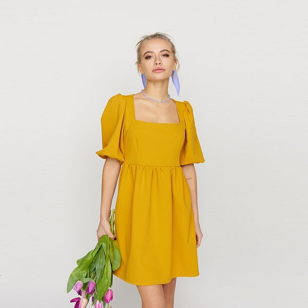 

dresses women vintage lantern a-line party short sleeve square collar solid elegant casual mini 2021 summer dress, Black;gray