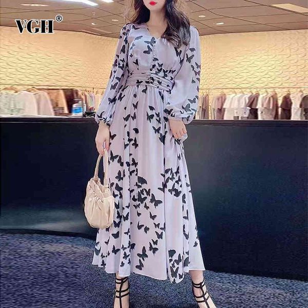 

vgh white print dress for women v neck long sleeve high waist ruched slim elegant midi dresses female korean spring fashion 210421, Black;gray