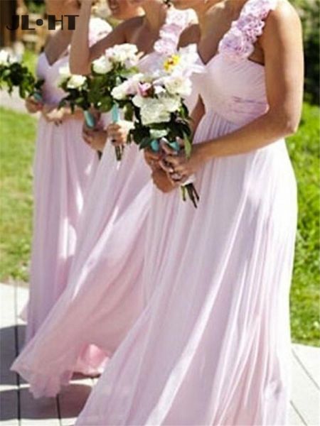 

bridesmaid dress one shoulder pink dresses long wedding party pleat flowers chiffon women, White;pink