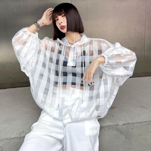 

loose hooded plaid hollow out pattern 2021 spring summer fashion tide design hoody elegant chic sun protection coat women's jackets, Black;brown