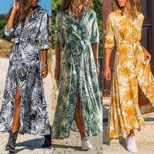 

casual dresses women long dress floral leaf print summer spring maxi boho beach elegant sleeve chiifon office shirt longo 2021, Black;gray