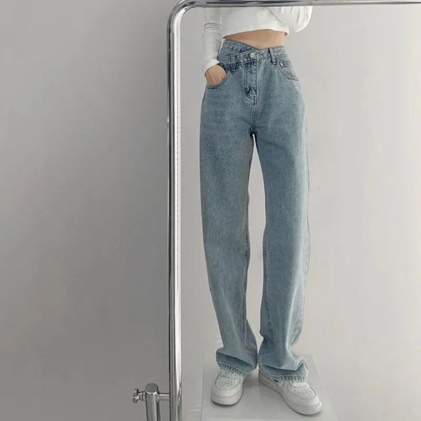 

women's jeans high waisted summer straight loose and thin spring 2021 drape mopping wide leg pants adjustable ins, Blue