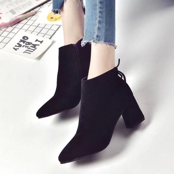 

boots 2021 thick heel pointed point versatile high heeled women's retro frosted ankle, Black