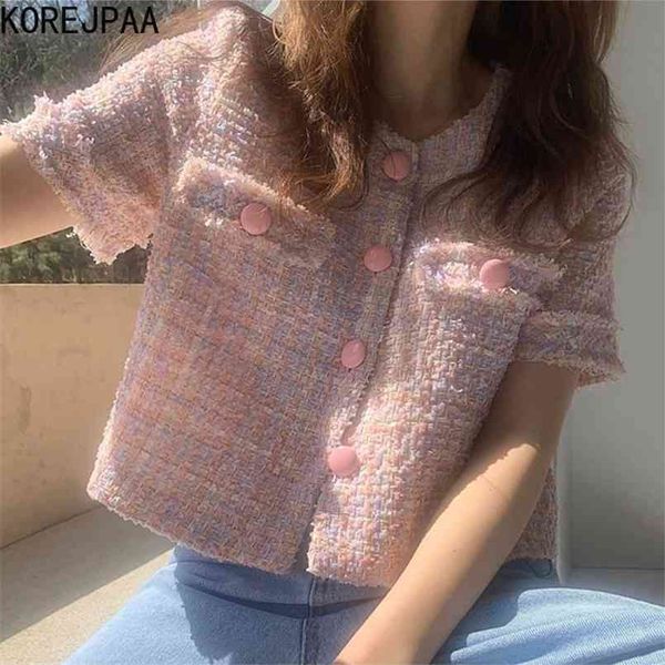 

korej women jackets summer korea chic ladies french retro round neck raw edges design loose pockets t short jacket 210918, Black;brown