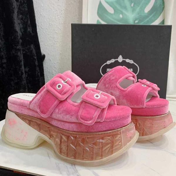 

womens peep toe velvet leather platform wedge high clear transparent crystal heel shoes slipper slides belt buckle 2color slippers, Black