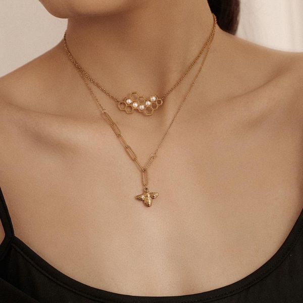 

pendant necklaces minimalist layered gold plated adjustable cuban chain bee choker necklace jewelry gift for women girl, Silver