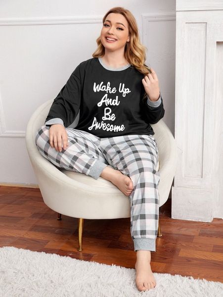 

plus slogan graphic tee & plaid pants pj set 23qc#, Black;white