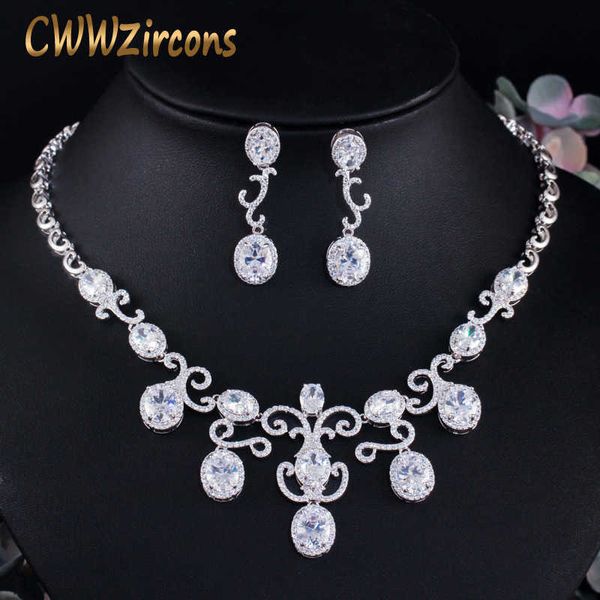 

shiny white dangle drop africa nigerian cubic zircon women party necklace earring jewelry set for brides wedding t4 210714, Silver