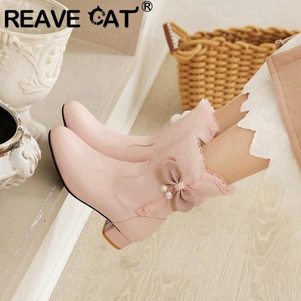

girls boots sweet cute princess round toe 3cm square heels bowtie pearl bling lace zip patchwork casual pink a3325 athletic & outdoor, Black