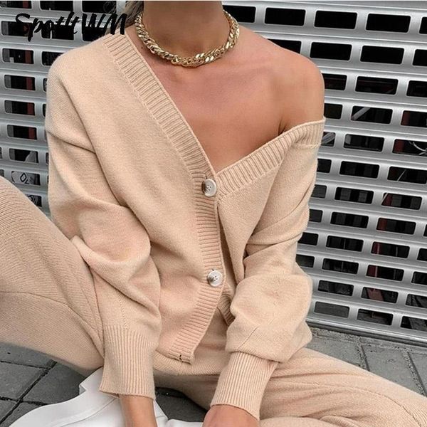 

women's two piece pants casual women knitted cardigan sweater set v neck loose outerwear and elastic pencil pant suits fashion fall str, White