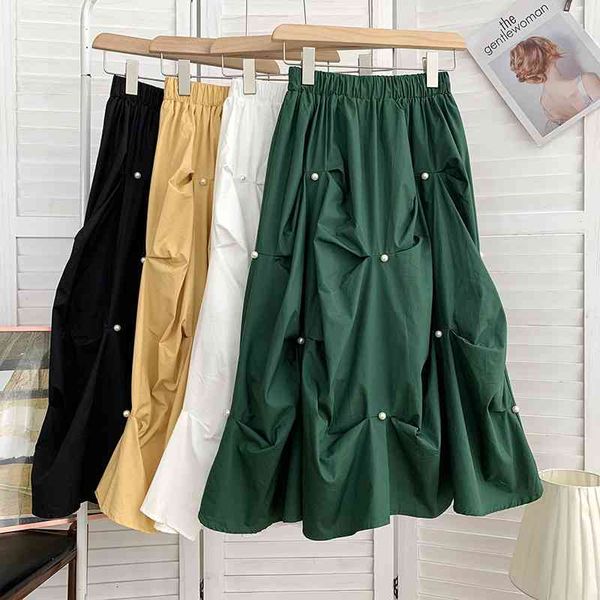 

women's pants & capris high waist vintage slim design beaded pleated puffy skirt mid-length large-length female summer mid-calf sk, Black;white