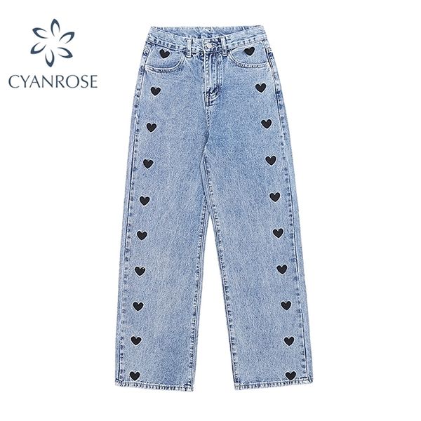 Frühling Vintage Breite Bein Jeans Frau Lange Denim Hosen Cowboy Weibliche Lose Koreanische Streetwear Herz Blume Druck Hosen 210515