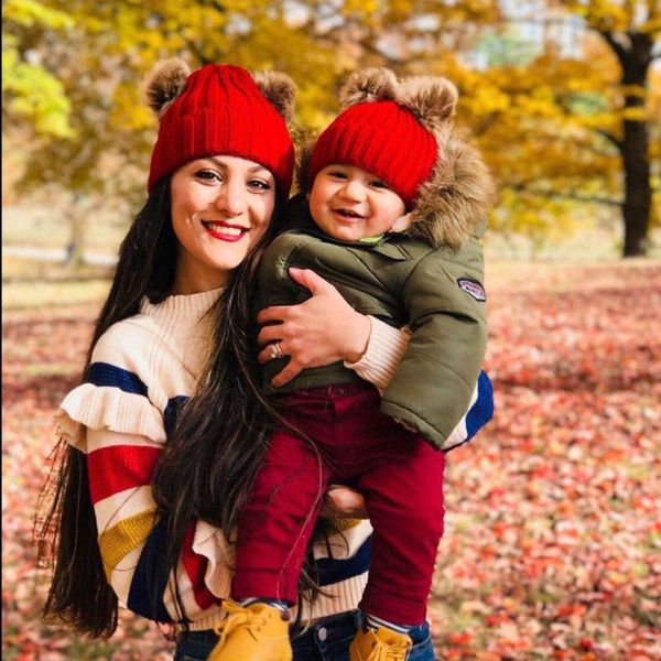 

fur ball cap 2 poms winter hats for women girl 's wool hat knitted cotton beanies thick female 16*30cm cycling caps & masks, Black