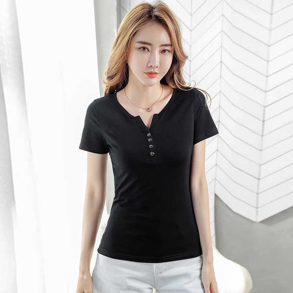 

t shirt women plus size fashion casual short sleeved summer solid color v-neck t-shirt elegant slim women 210604, White