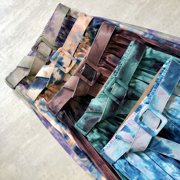 

casual dresses autumn tie-dye printing belt long pleated skirts fashion gradient ink galaxy a-line mid-calf kvv7, Black;gray