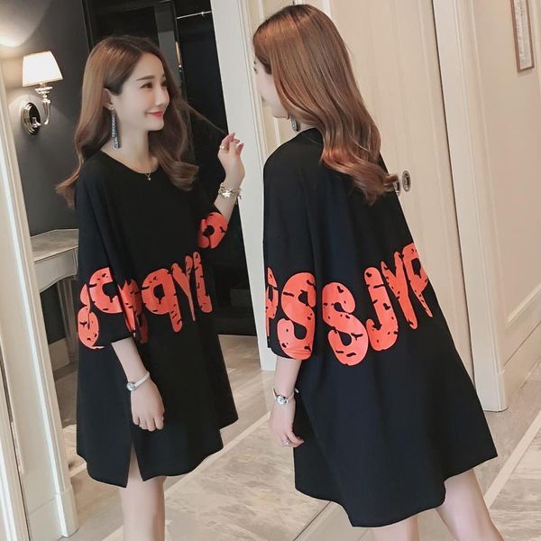 

4902 summer round neck women t shirts letter print loose black long white short sleeve shirt fashion harajuku femme streetwear