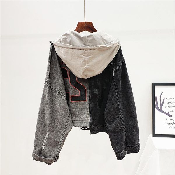 

women's jackets [ewq] 2021 spring autumn hooded long sleeve hit colors letter print streetwear denim coat women jacket 3ak07301, Black;brown