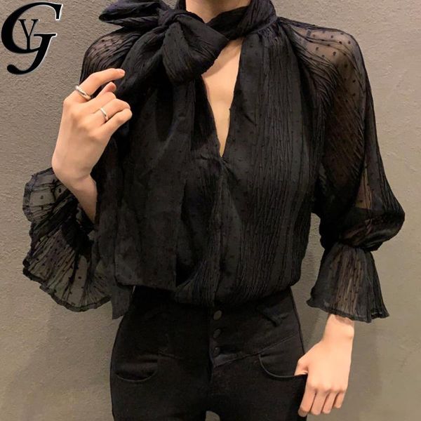 

women's blouses & shirts 2021 elegant bandage bow collared flare sleeve chiffon women half transparent blusa mujer femme, White