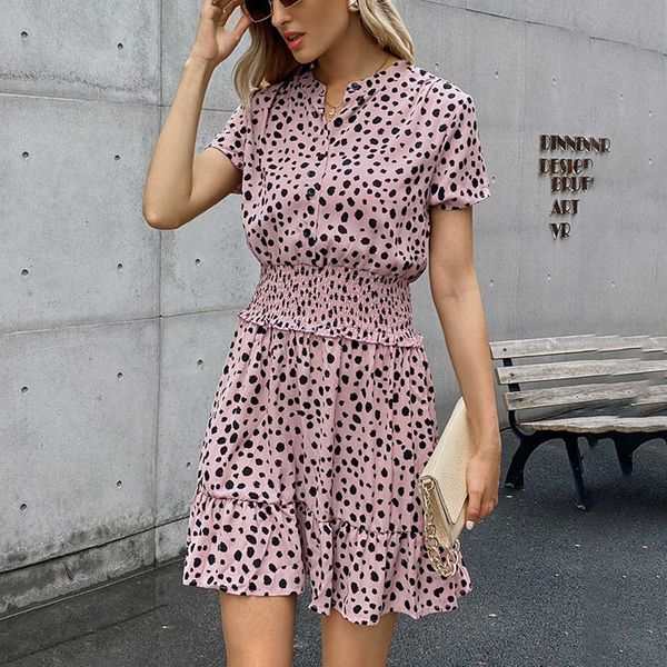

casual dresses fashion short sleeve polka dot mini woman summer elegant office elasticity waist pink es for women 7554, Black;gray